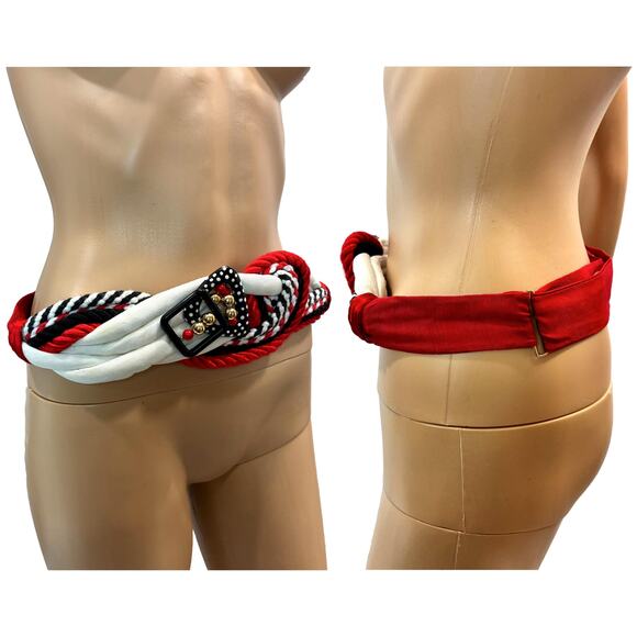 Vintage 80s Rhea Red Rope Belt w/ Polka Dot Buckle Statement Accessory - Picture 6 of 11